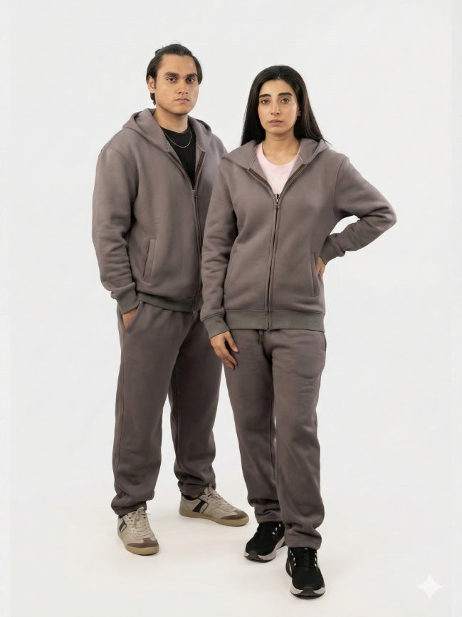 Unisex Casual Zip-Up Grey Fleece Tracksuit