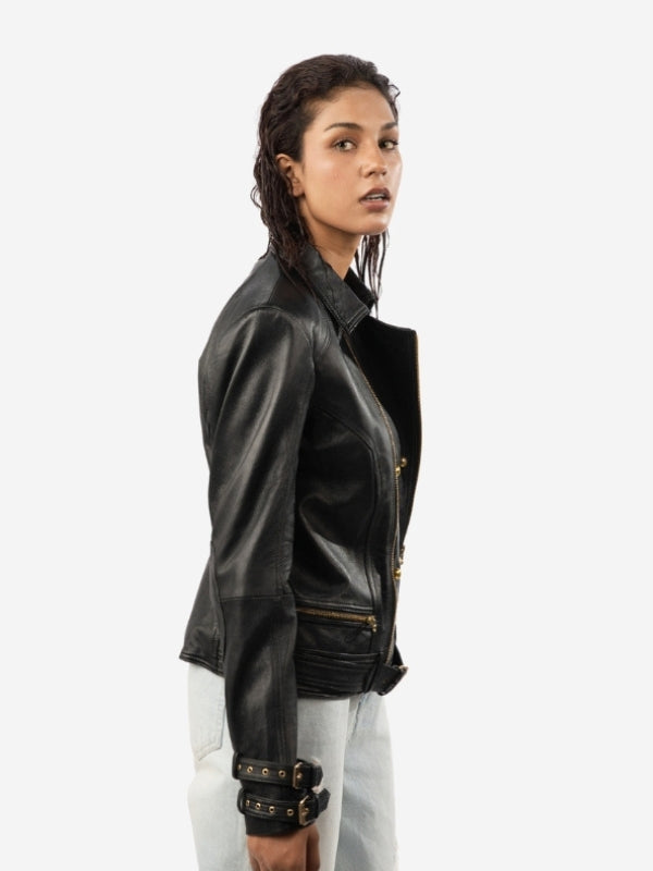 Women’s Belted Leather Biker Jacket - Double Breasted Style