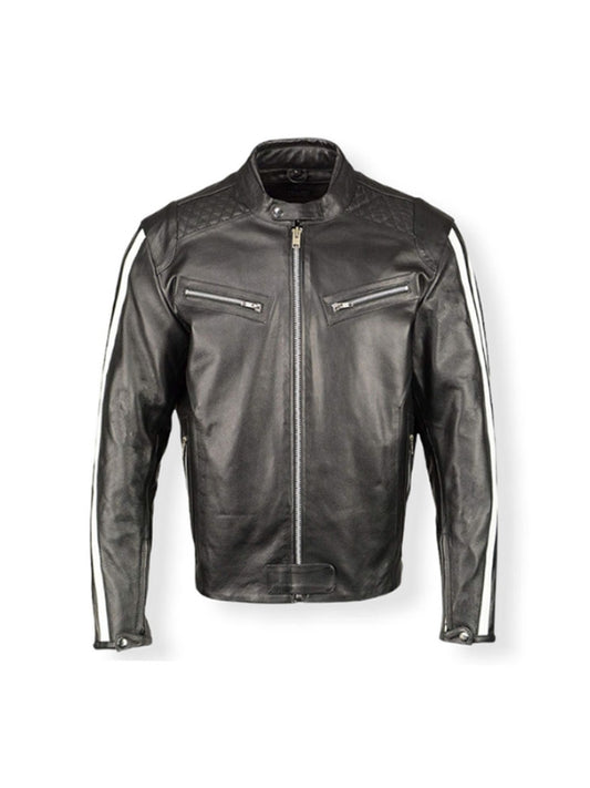 Men's White Stripe Black Biker Leather Jacket