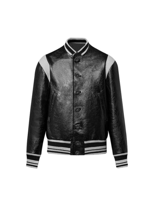 Men's Real Leather Black And White Bomber Leather Jacket