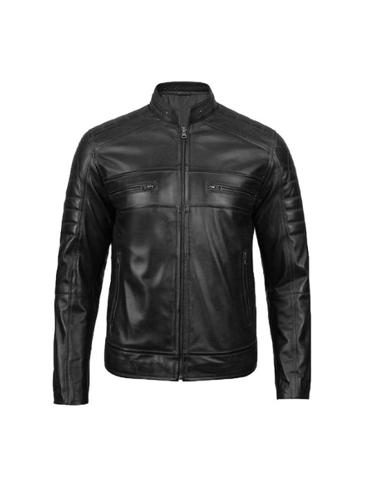Men's Black Café Racer Real Lambskin Long Sleeves Biker Jacket