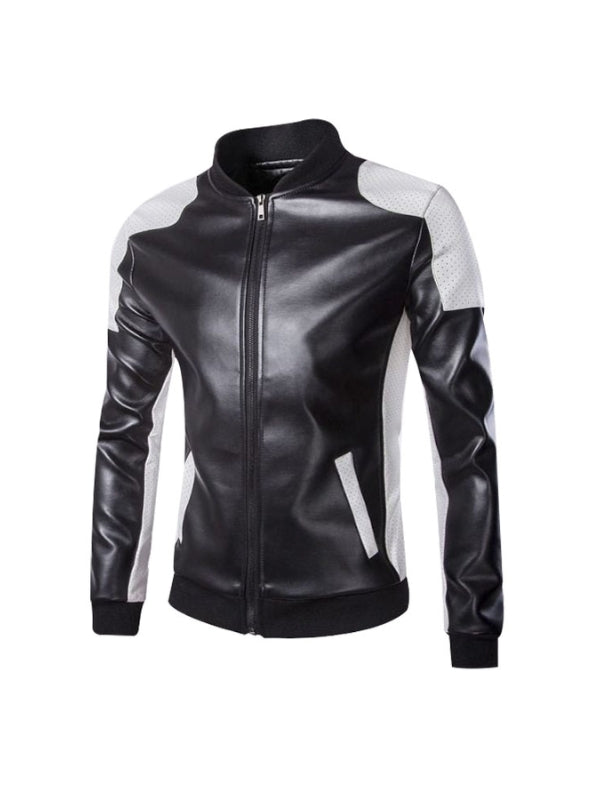 Men's Black And White Long Sleeves Motorcycle Faux Leather Jacket