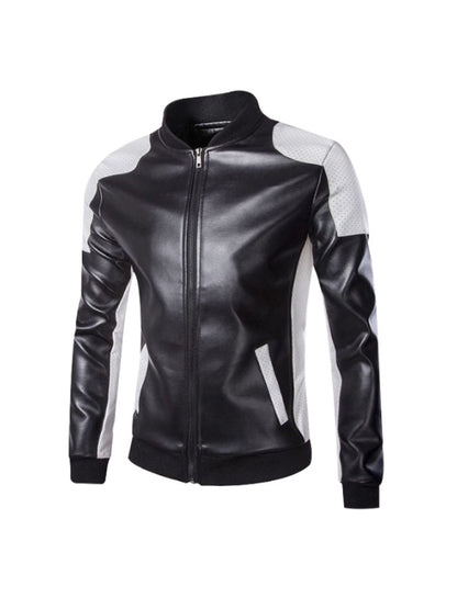 Men's Black And White Long Sleeves Motorcycle Faux Leather Jacket