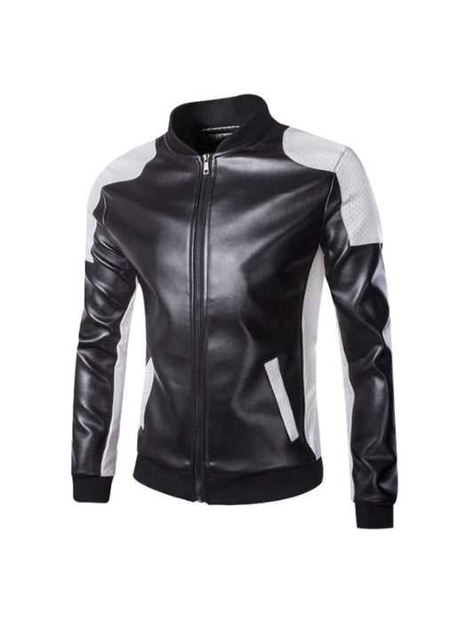 Men's Black And White Long Sleeves Motorcycle Faux Leather Jacket