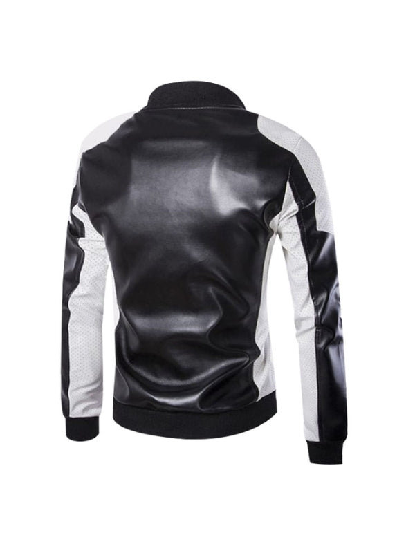 Men's Black And White Long Sleeves Motorcycle Faux Leather Jacket