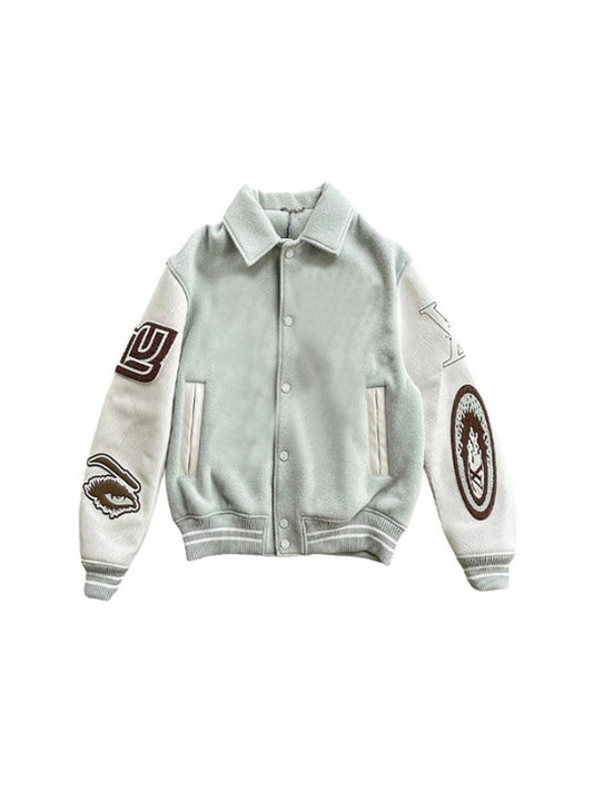 Men's Real Wool Long Sleeves Varsity Bomber Leather Jacket
