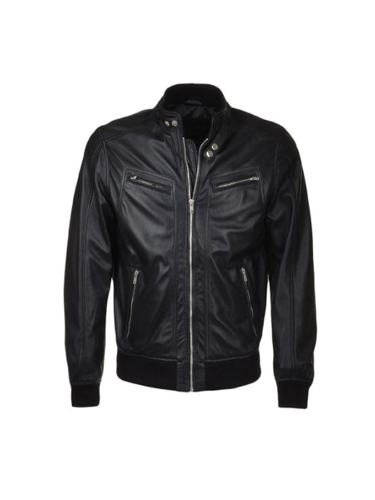 Men's Classic Real Lambskin Long Sleeves Black Bomber Leather Jacket