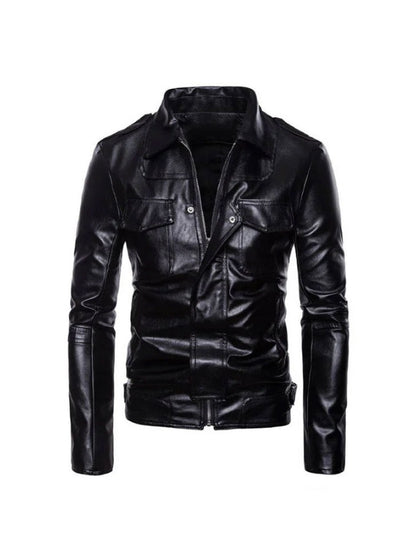 Men's Real Leather Long Sleeves Black Motorcycle Biker Leather Jacket