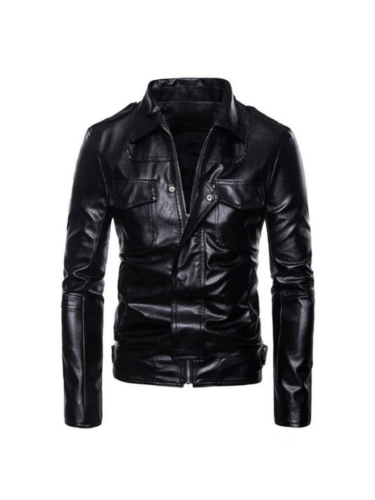 Men's Real Leather Long Sleeves Black Motorcycle Biker Leather Jacket