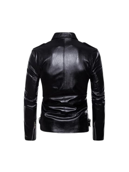 Men's Real Leather Long Sleeves Black Motorcycle Biker Leather Jacket