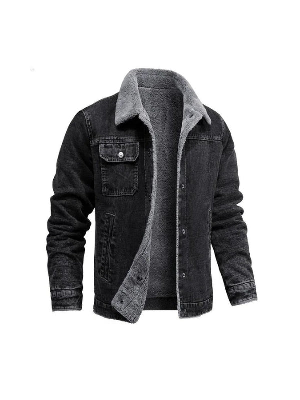 Men's Real Denim Shearling Lining Long Sleeves Black Jacket
