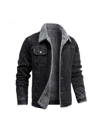 Men's Real Denim Shearling Lining Long Sleeves Black Jacket