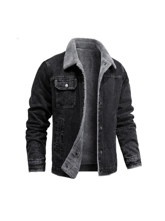 Men's Real Denim Shearling Lining Long Sleeves Black Jacket