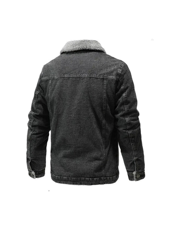 Men's Real Denim Shearling Lining Long Sleeves Black Jacket