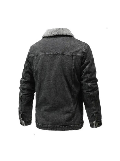 Men's Real Denim Shearling Lining Long Sleeves Black Jacket