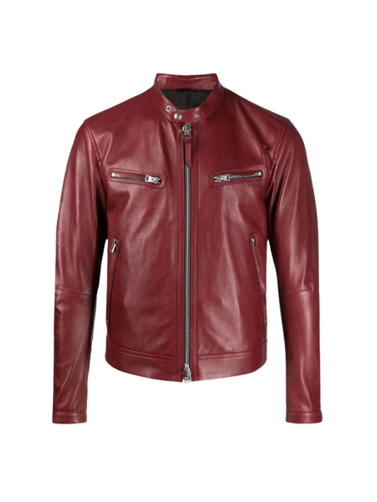 Men's Long Sleeves Real Leather Red Motorcycle Biker Jacket