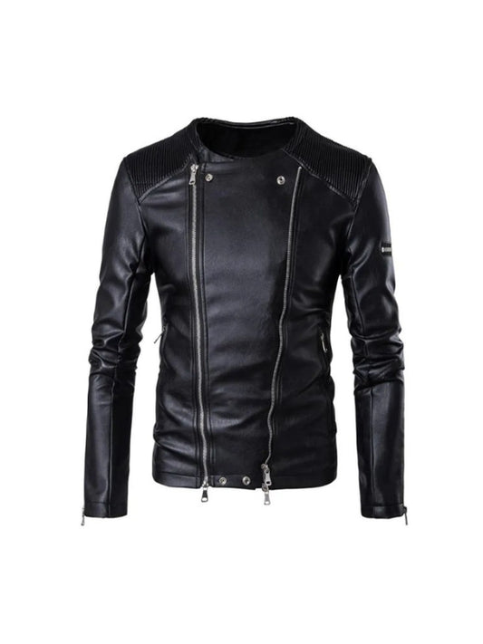 Men's Long Sleeves Multi-Zipper Black Sheepskin Biker Leather Jacket