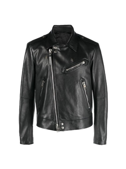 Men's Long Sleeves Black Cross Zipper Biker Leather Jacket