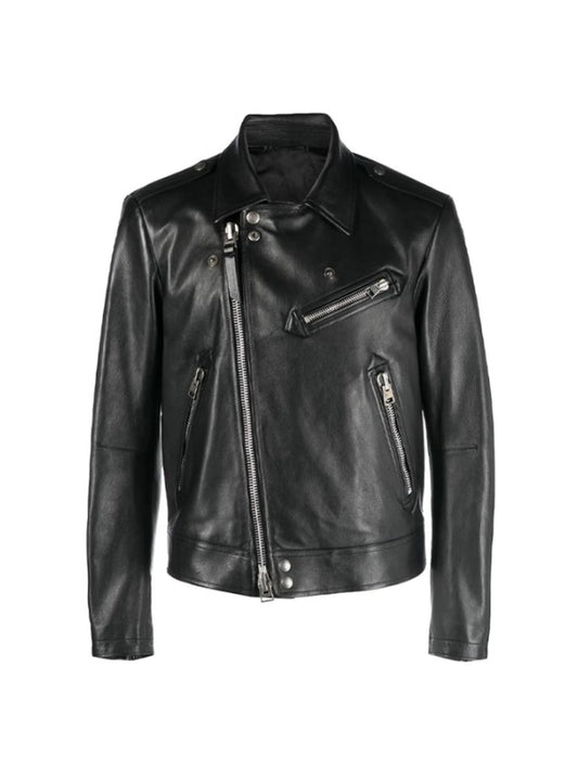 Men's Long Sleeves Black Cross Zipper Biker Leather Jacket