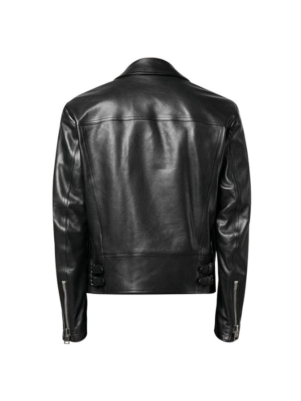 Men's Long Sleeves Black Cross Zipper Biker Leather Jacket