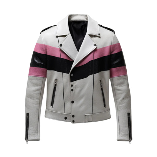 Men's White Leather Biker Jacket with Pink & Black Stripes