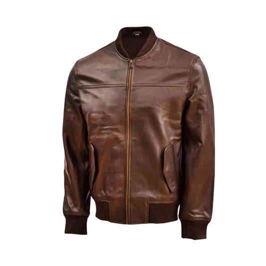 Men's Bomber Style Dark Brown Leather Biker Jacket