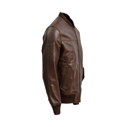 Men's Bomber Style Dark Brown Leather Biker Jacket