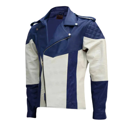 Men's Blue and White Biker Genuine Leather Jacket – Stylish Motorcycle Riding Gear