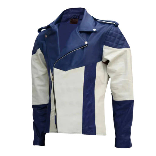 Men's Blue and White Biker Genuine Leather Jacket – Stylish Motorcycle Riding Gear