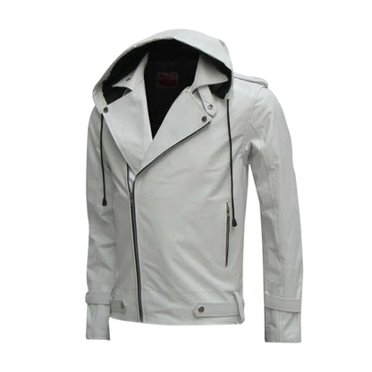 White Hooded Style Biker Leather Jacket – Stylish Motorcycle Riding Gear Unisex