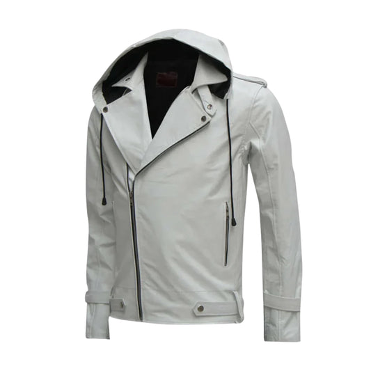White Hooded Style Biker Leather Jacket – Stylish Motorcycle Riding Gear Unisex