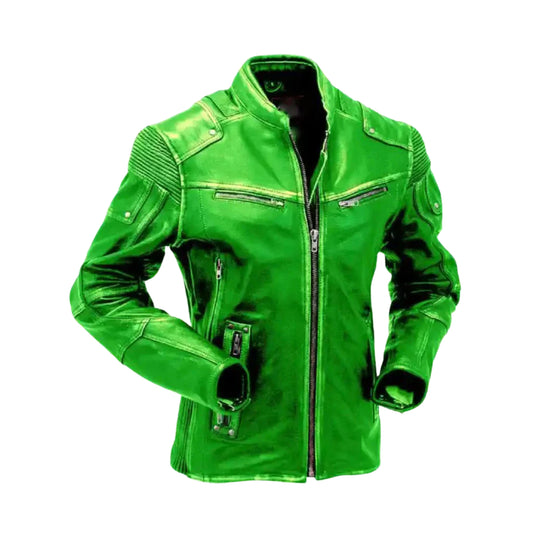 Green Motorcycle Vintage Leather Jacket with Skull – Classic Biker Style