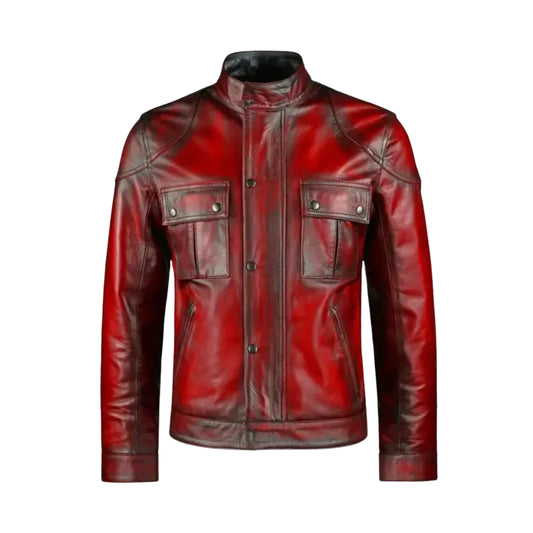 Red Biker Café Racer Genuine Leather Jacket – Classic Motorcycle Riding Style