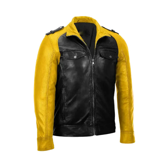 Yellow and Black Motorbike Leather Jacket for Men – Stylish Motorcycle Riding Gear
