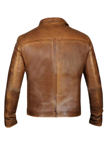 Vintage Shirt Style Camel Cognac Leather Jacket – Classic Premium Outerwear