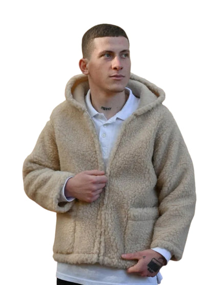Men's Woolen Jacket with Hood - Pure Lambswool Merino Wool With Hooded Fur Collar