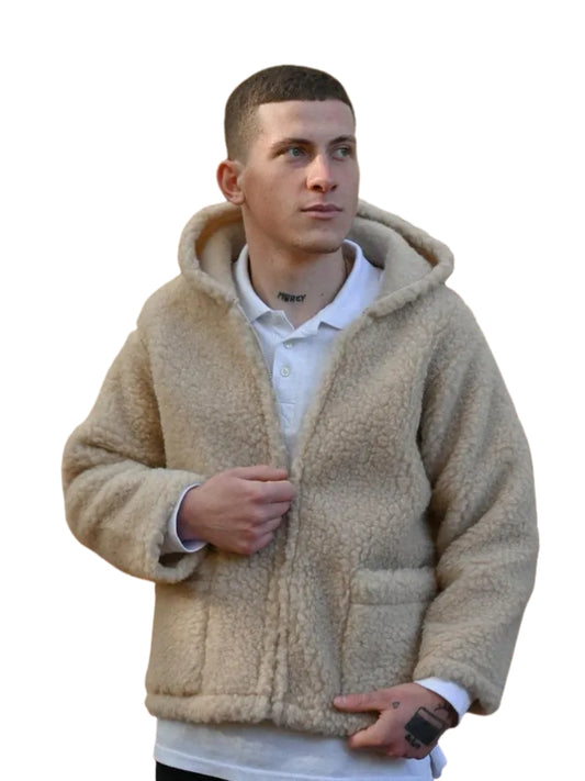 Men's Woolen Jacket with Hood - Pure Lambswool Merino Wool With Hooded Fur Collar