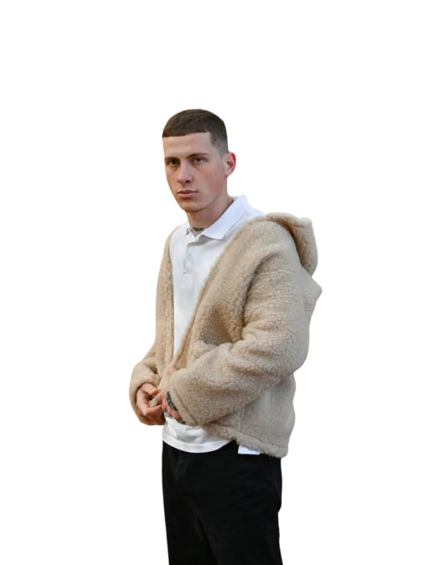 Men's Woolen Jacket with Hood - Pure Lambswool Merino Wool With Hooded Fur Collar