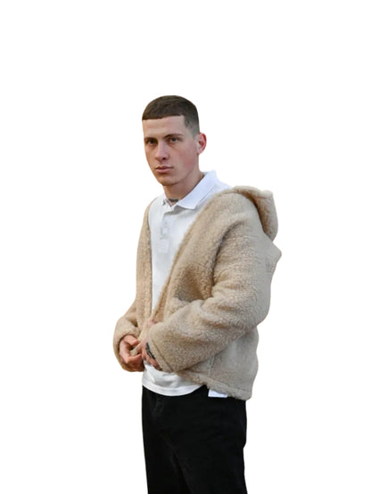 Men's Woolen Jacket with Hood - Pure Lambswool Merino Wool With Hooded Fur Collar