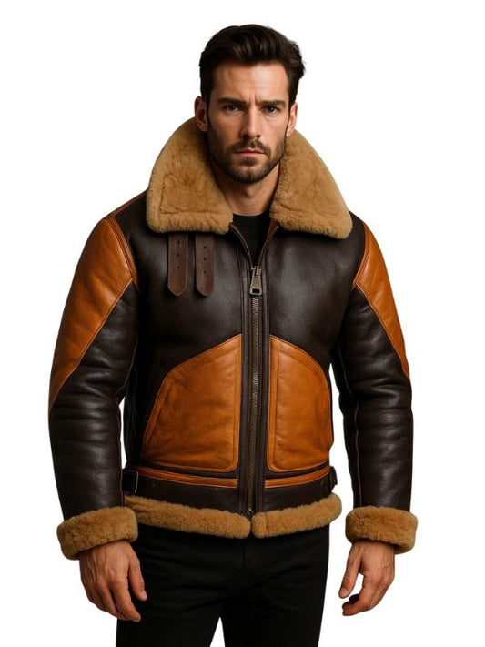 Men's Brown Aviator RAF B3 Real Sheepskin Faux Shearing Bomber Leather Jacket