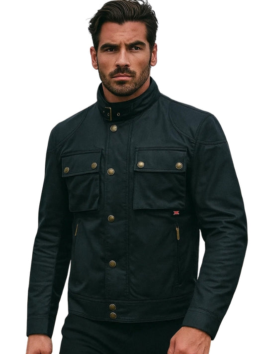 Men's Black Café Racer Real Cotton Waxed Motorcycle Jacket
