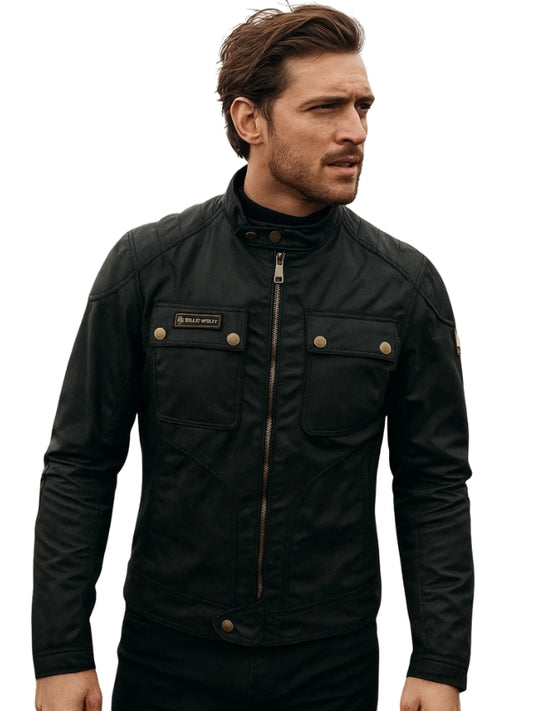 Men's Black Waxed Cotton Long Sleeves Motorcycle Biker Leather Jacket