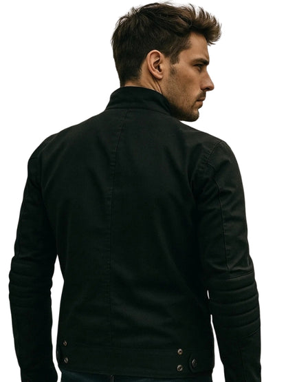 Men's Black Waxed Cotton Long Sleeves Motorcycle Biker Leather Jacket