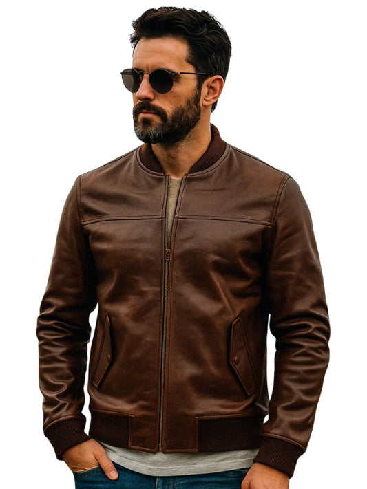 Men's Bomber Style Dark Brown Leather Biker Jacket
