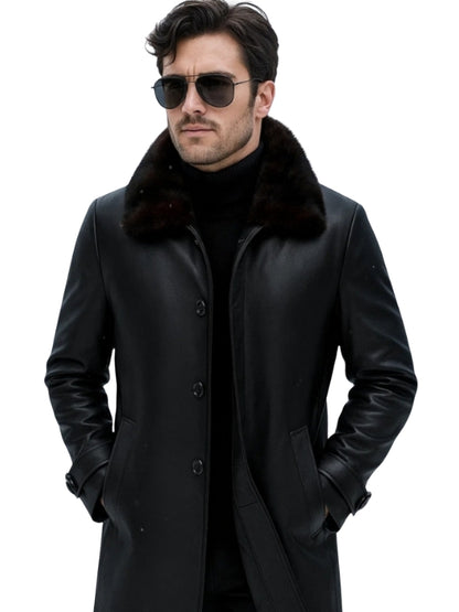 Men's Black Mid-Length Faux Fur Collar Real Shearling Premium Leather Coat