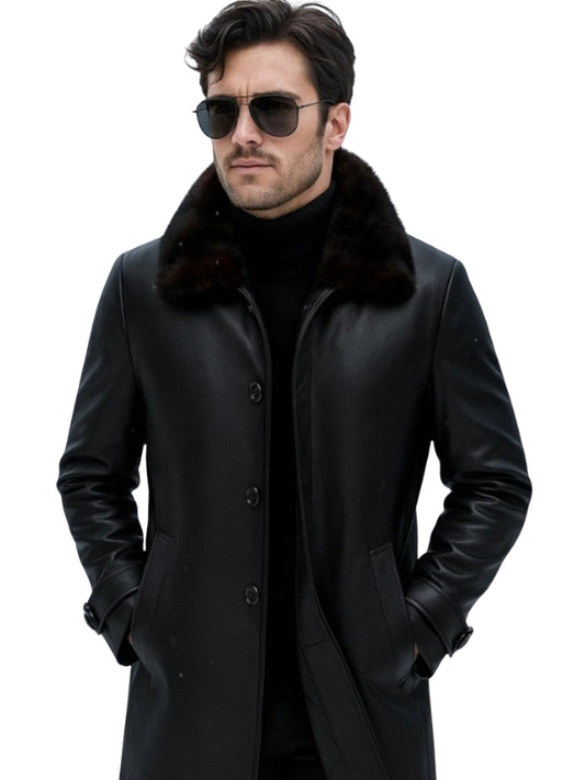 Men's Black Mid-Length Faux Fur Collar Real Shearling Premium Leather Coat