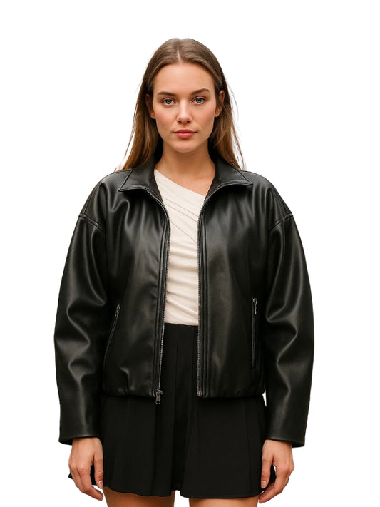 Bubble Hem Vegan Leather Bomber Jacket