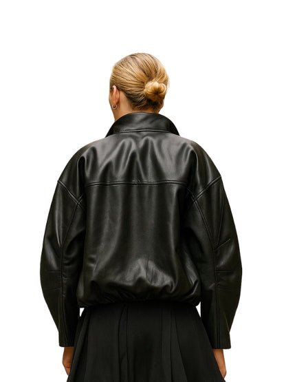 Bubble Hem Vegan Leather Bomber Jacket