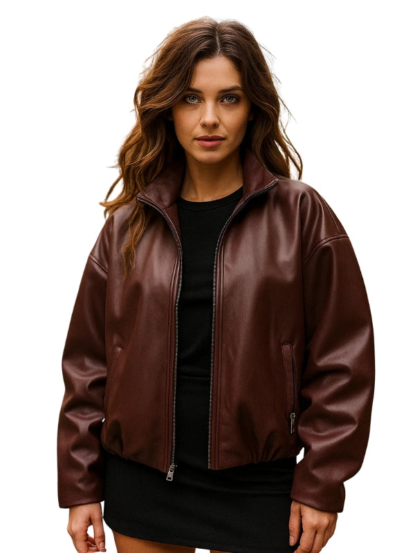 Bubble Hem Vegan Leather Bomber Jacket