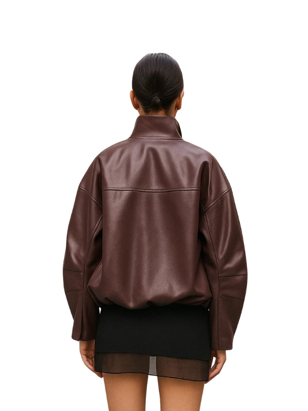 Bubble Hem Vegan Leather Bomber Jacket
